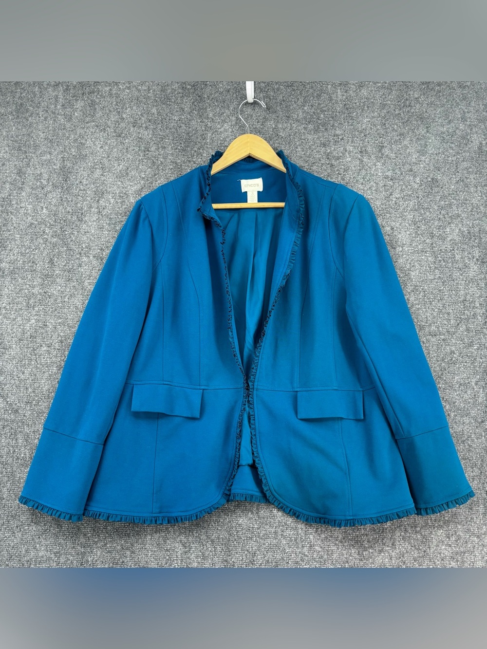 Chicos Teal Blue Ruffle Trim Business Office Polished Blazer Women’s XL
